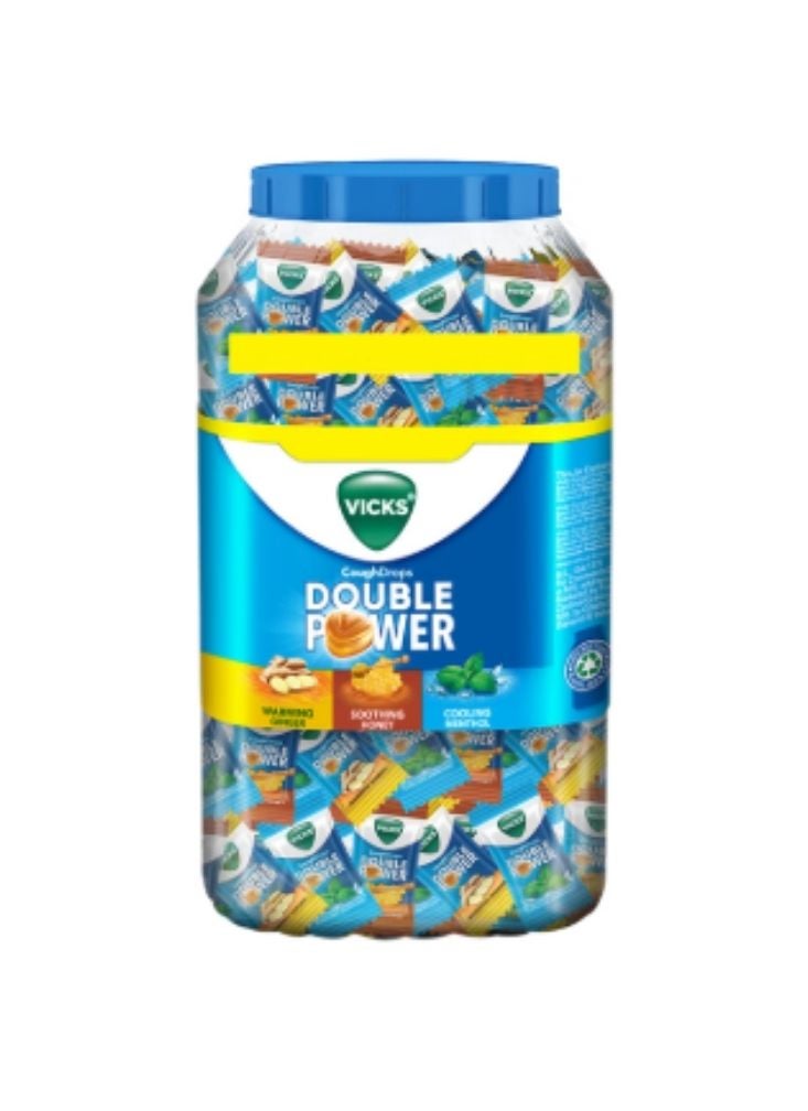 Vicks Double Power Cough Drops Jar – Medicated Lozenges for Throat Soothing and Cooling Relief, Mixed Colors, Multiple Pieces - Image 1